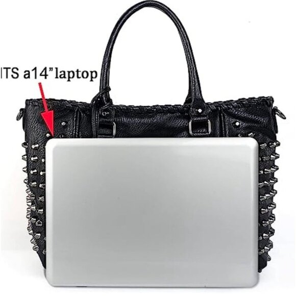 UTO Women's Black Faux Leather Skull Rivet Studded Large Tote Purse Handbag - Picture 7 of 16